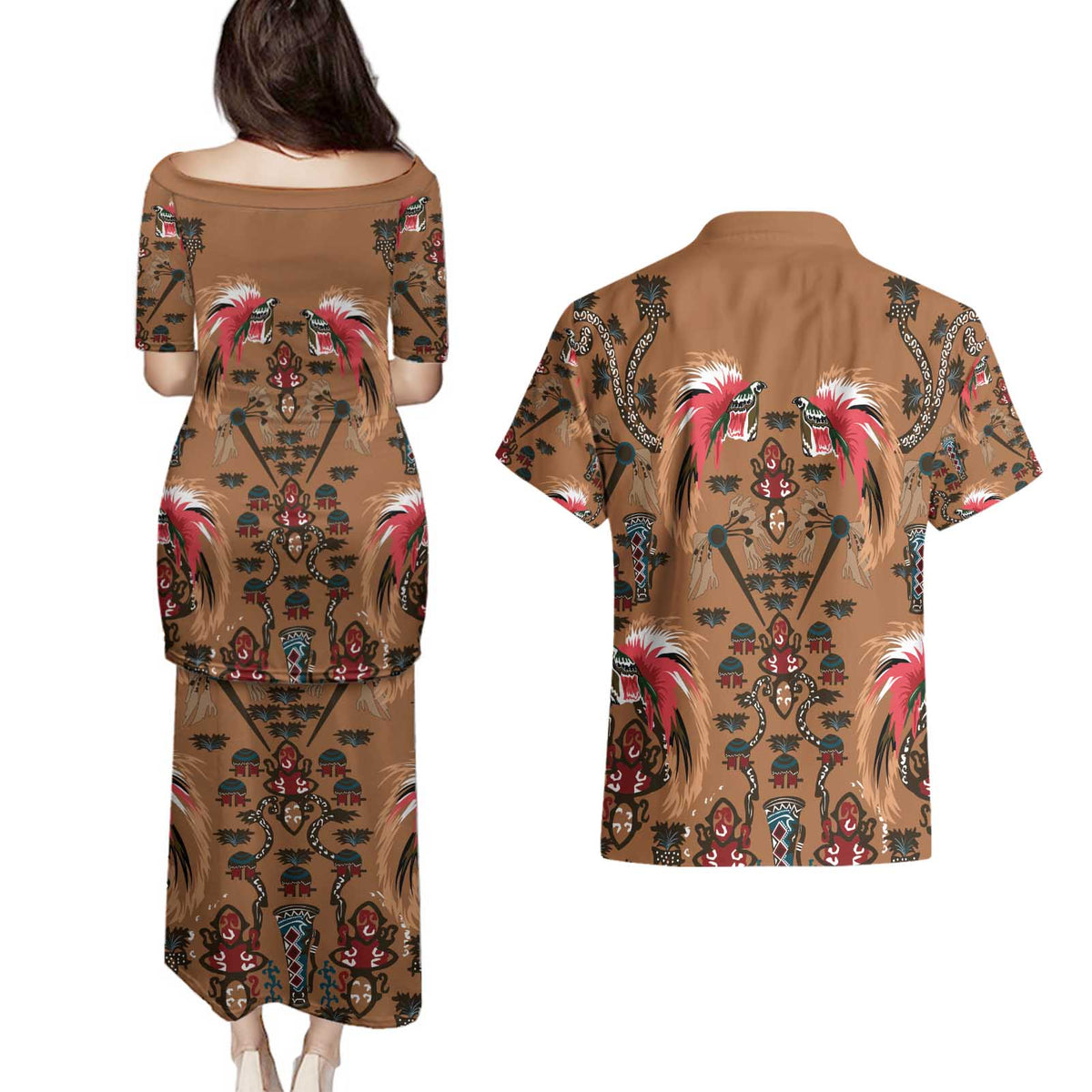 Terracotta Bird of Batik Papua Couples Matching Puletasi and Hawaiian Shirt Exotic Natural Wealth of Papua - Polynesian Pride