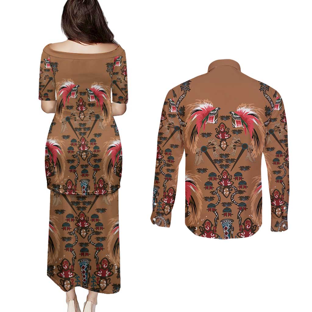 Terracotta Bird of Batik Papua Couples Matching Puletasi and Long Sleeve Button Shirt Exotic Natural Wealth of Papua - Polynesian Pride