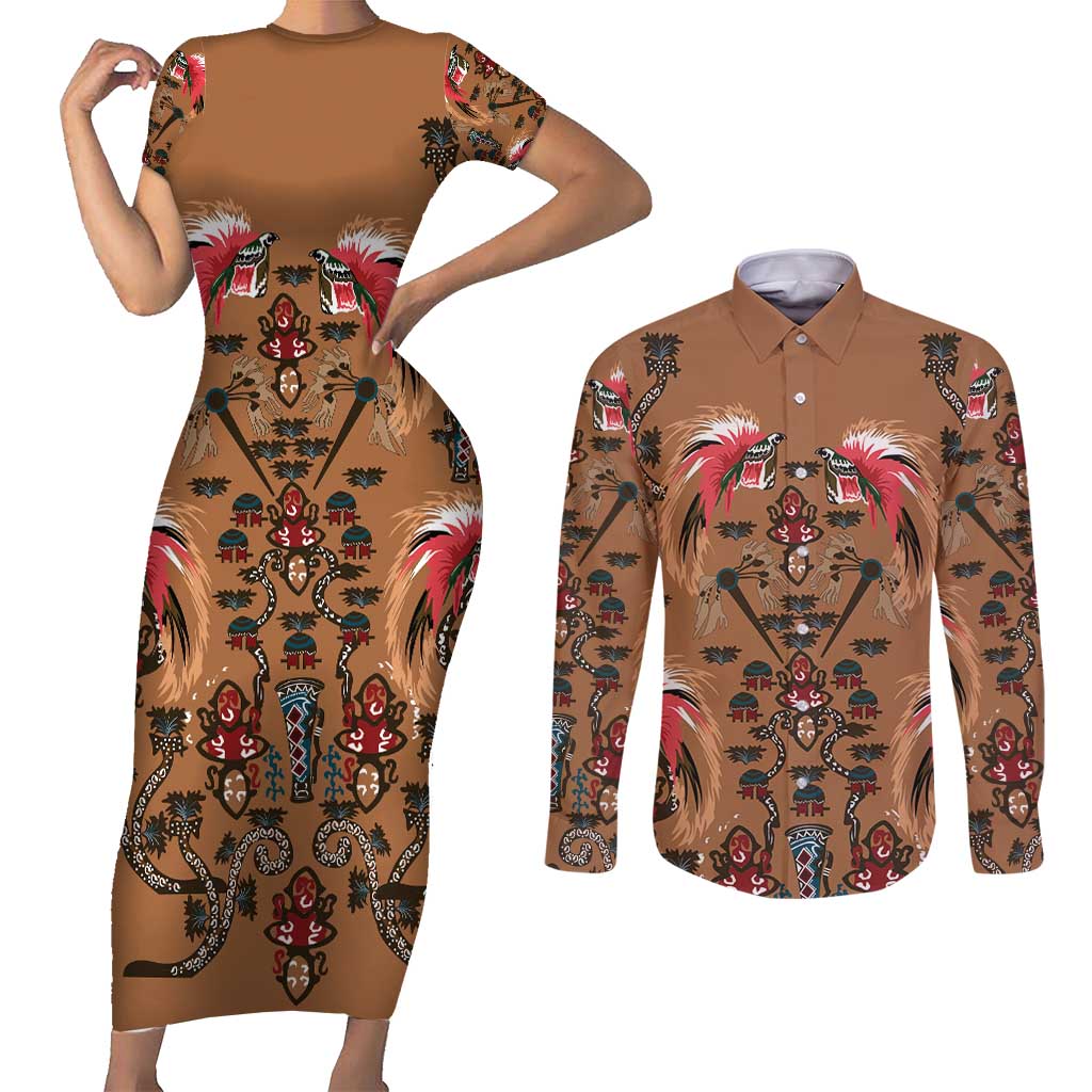 Terracotta Bird of Batik Papua Couples Matching Short Sleeve Bodycon Dress and Long Sleeve Button Shirt Exotic Natural Wealth of Papua - Polynesian Pride