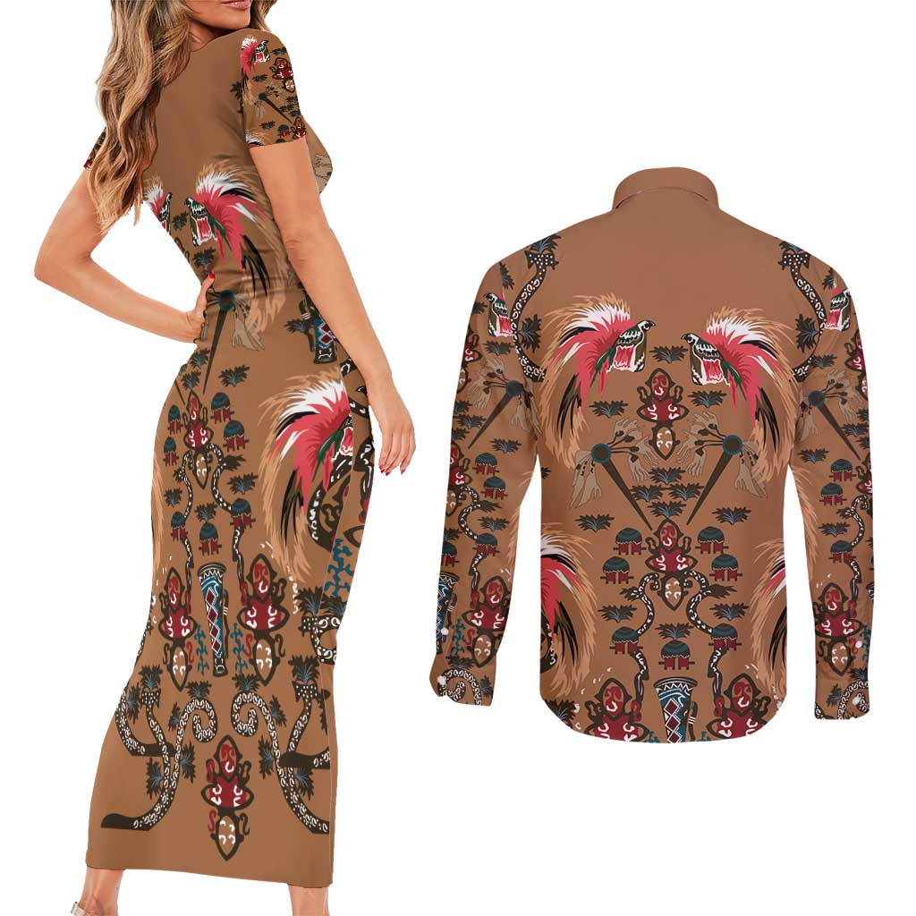 Terracotta Bird of Batik Papua Couples Matching Short Sleeve Bodycon Dress and Long Sleeve Button Shirt Exotic Natural Wealth of Papua - Polynesian Pride