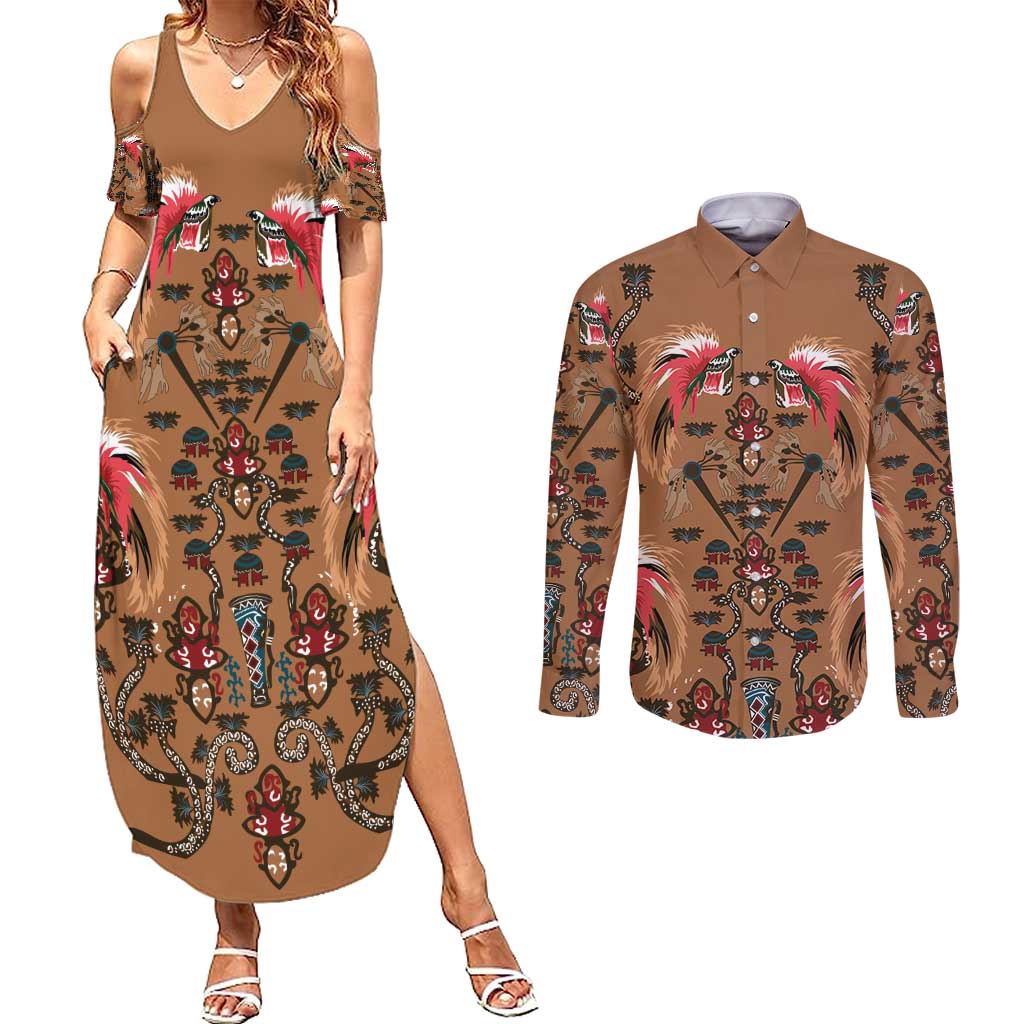 Terracotta Bird of Batik Papua Couples Matching Summer Maxi Dress and Long Sleeve Button Shirt Exotic Natural Wealth of Papua - Polynesian Pride