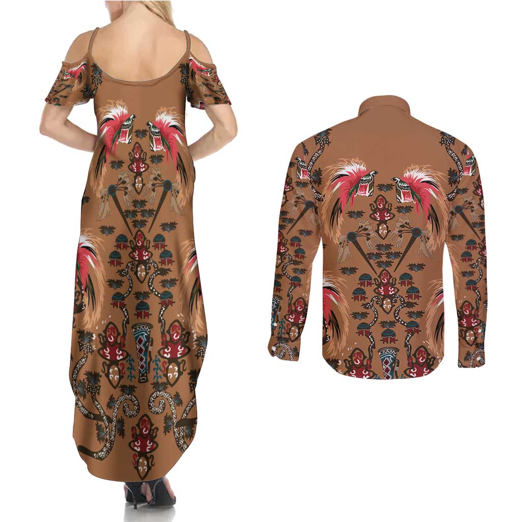 Terracotta Bird of Batik Papua Couples Matching Summer Maxi Dress and Long Sleeve Button Shirt Exotic Natural Wealth of Papua - Polynesian Pride