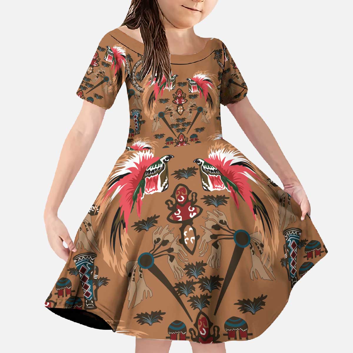 Terracotta Bird of Batik Papua Family Matching Off The Shoulder Long Sleeve Dress and Hawaiian Shirt Exotic Natural Wealth of Papua - Polynesian Pride