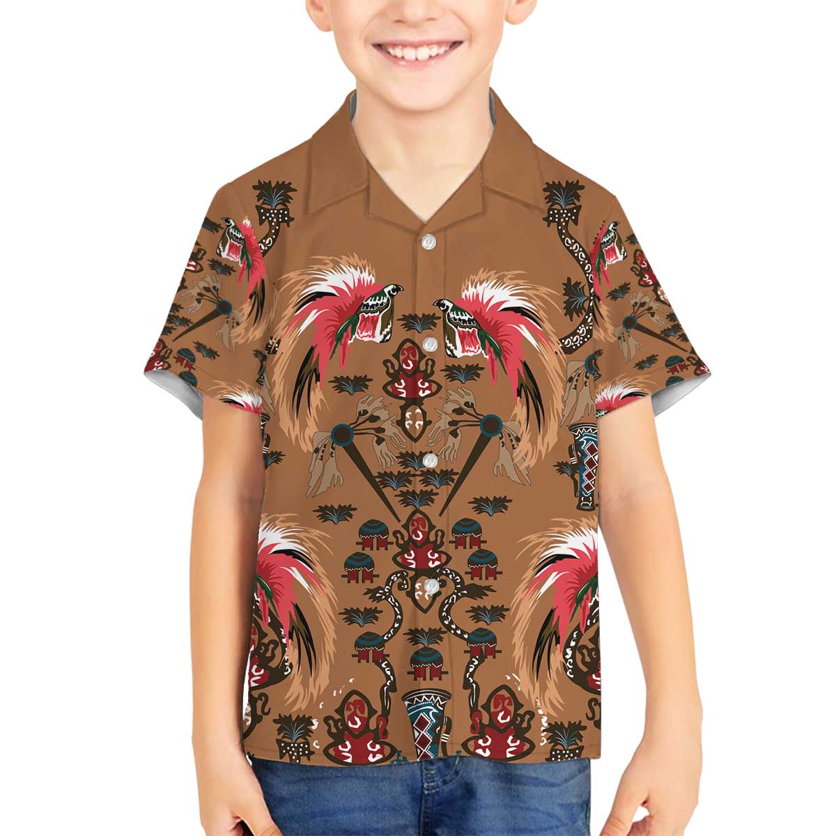 Terracotta Bird of Batik Papua Family Matching Off The Shoulder Long Sleeve Dress and Hawaiian Shirt Exotic Natural Wealth of Papua - Polynesian Pride