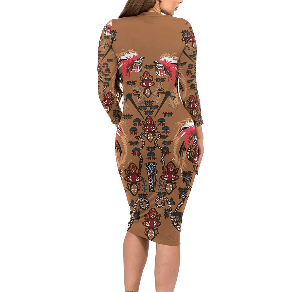 Terracotta Bird of Batik Papua Long Sleeve Bodycon Dress Exotic Natural Wealth of Papua - Polynesian Pride