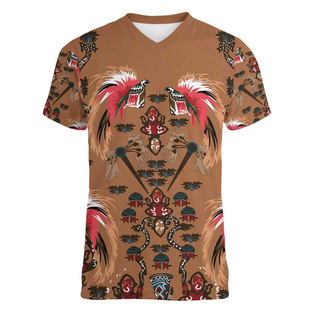 Terracotta Bird of Batik Papua Women V-Neck T-Shirt Exotic Natural Wealth of Papua - Polynesian Pride