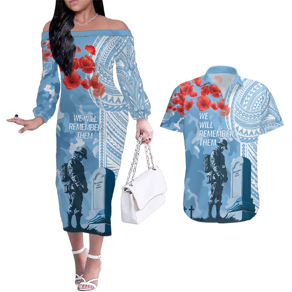 FSM Verterans Day Couples Matching Off The Shoulder Long Sleeve Dress and Hawaiian Shirt Their Lives Your Freedom