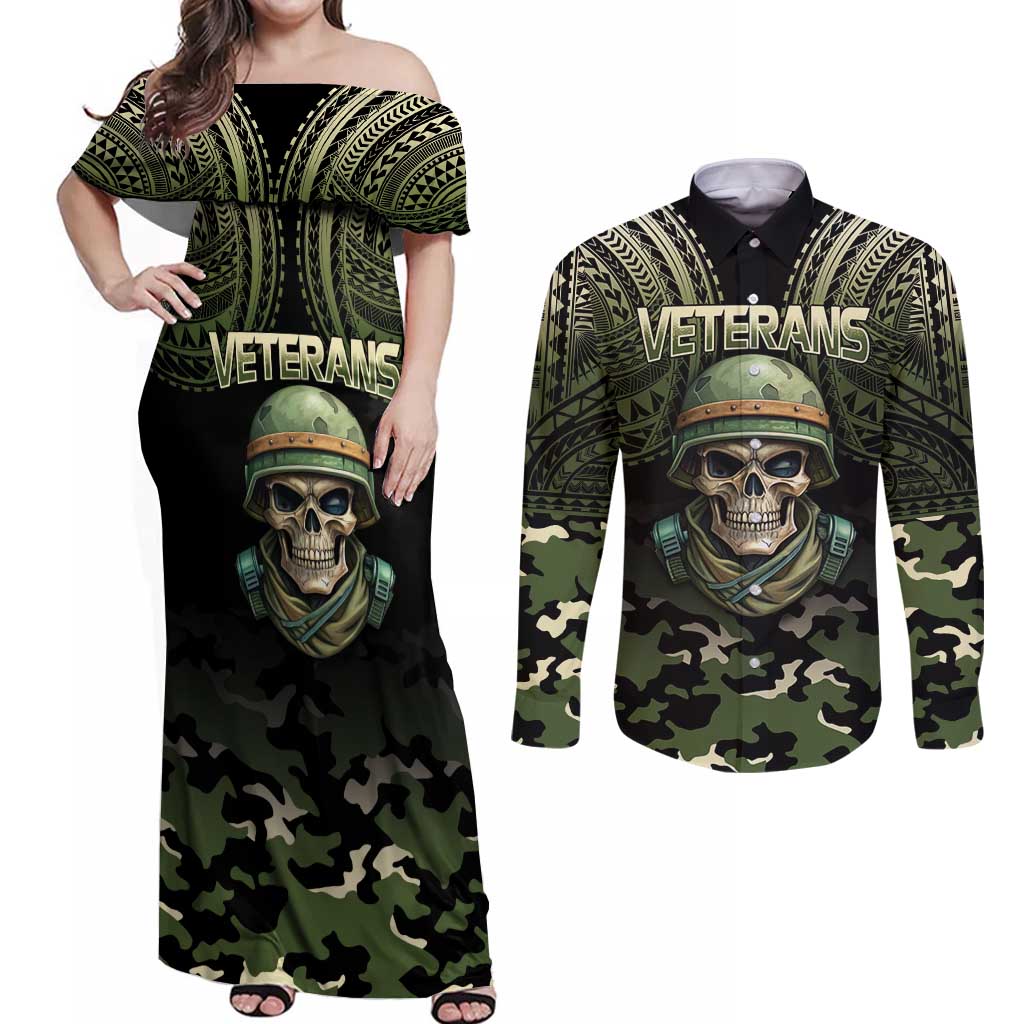 Veterans Day Couples Matching Off Shoulder Maxi Dress and Long Sleeve Button Shirt War Never Leaves A Veteran Proud Military LT9 Black - Polynesian Pride