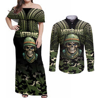Veterans Day Couples Matching Off Shoulder Maxi Dress and Long Sleeve Button Shirt War Never Leaves A Veteran Proud Military LT9 Black - Polynesian Pride