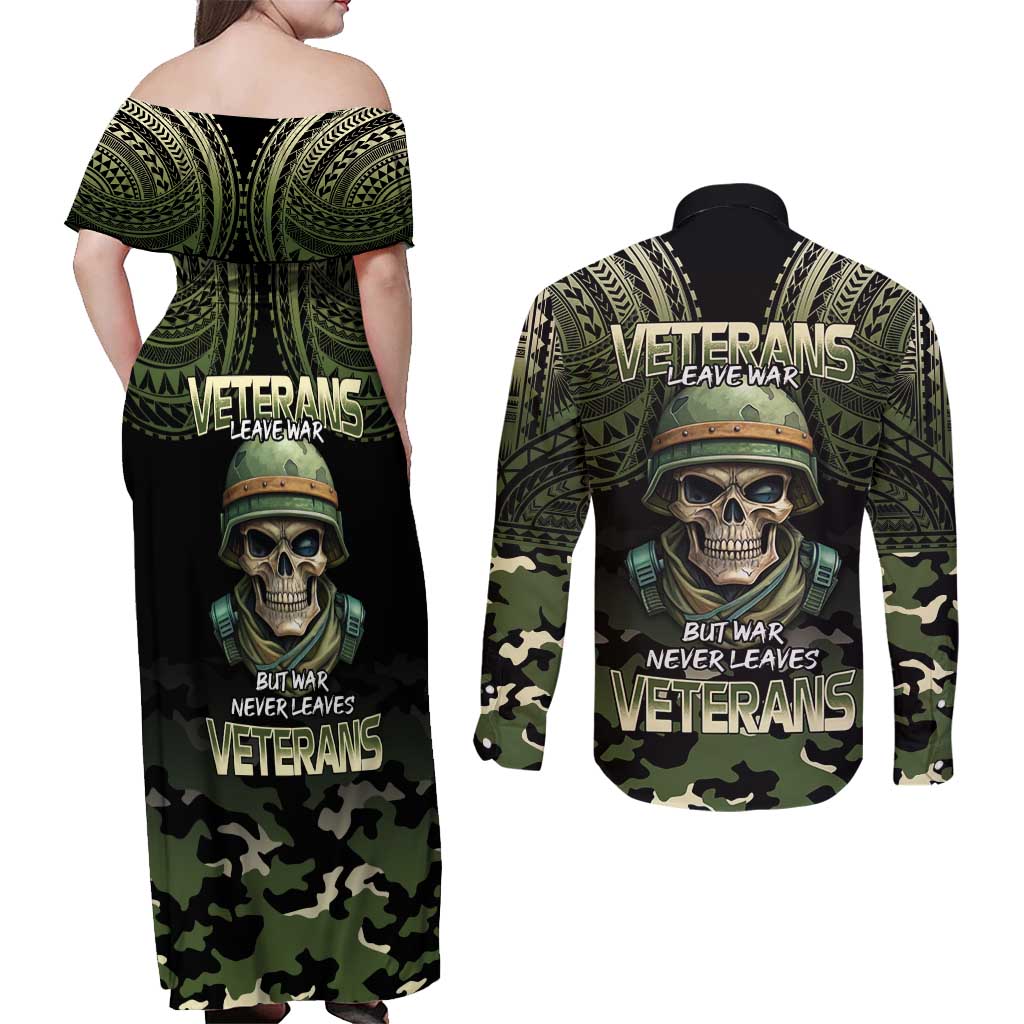 Veterans Day Couples Matching Off Shoulder Maxi Dress and Long Sleeve Button Shirt War Never Leaves A Veteran Proud Military LT9 - Polynesian Pride
