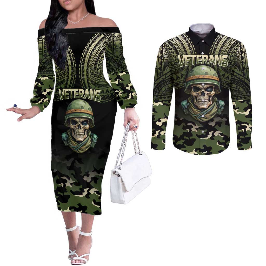 Veterans Day Couples Matching Off The Shoulder Long Sleeve Dress and Long Sleeve Button Shirt War Never Leaves A Veteran Proud Military