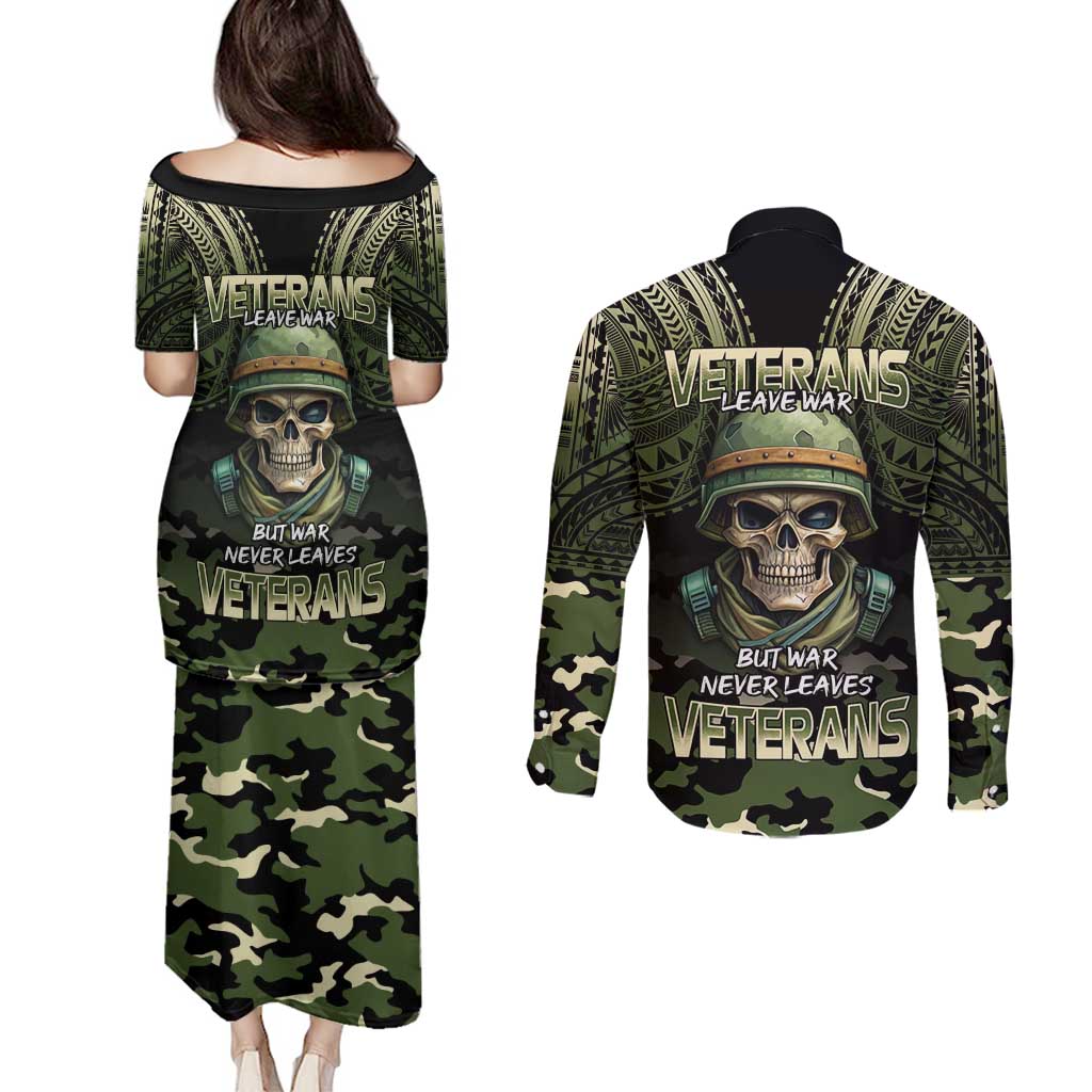 Veterans Day Couples Matching Puletasi and Long Sleeve Button Shirt War Never Leaves A Veteran Proud Military LT9 - Polynesian Pride