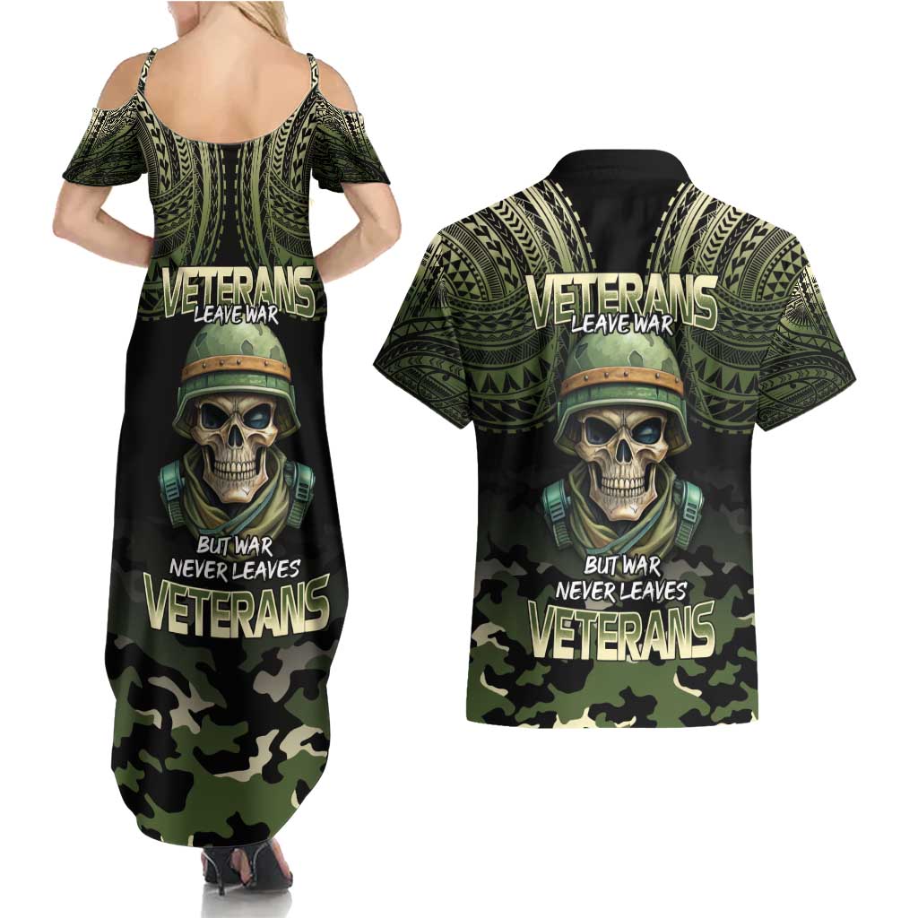 Veterans Day Couples Matching Summer Maxi Dress and Hawaiian Shirt War Never Leaves A Veteran Proud Military LT9 - Polynesian Pride