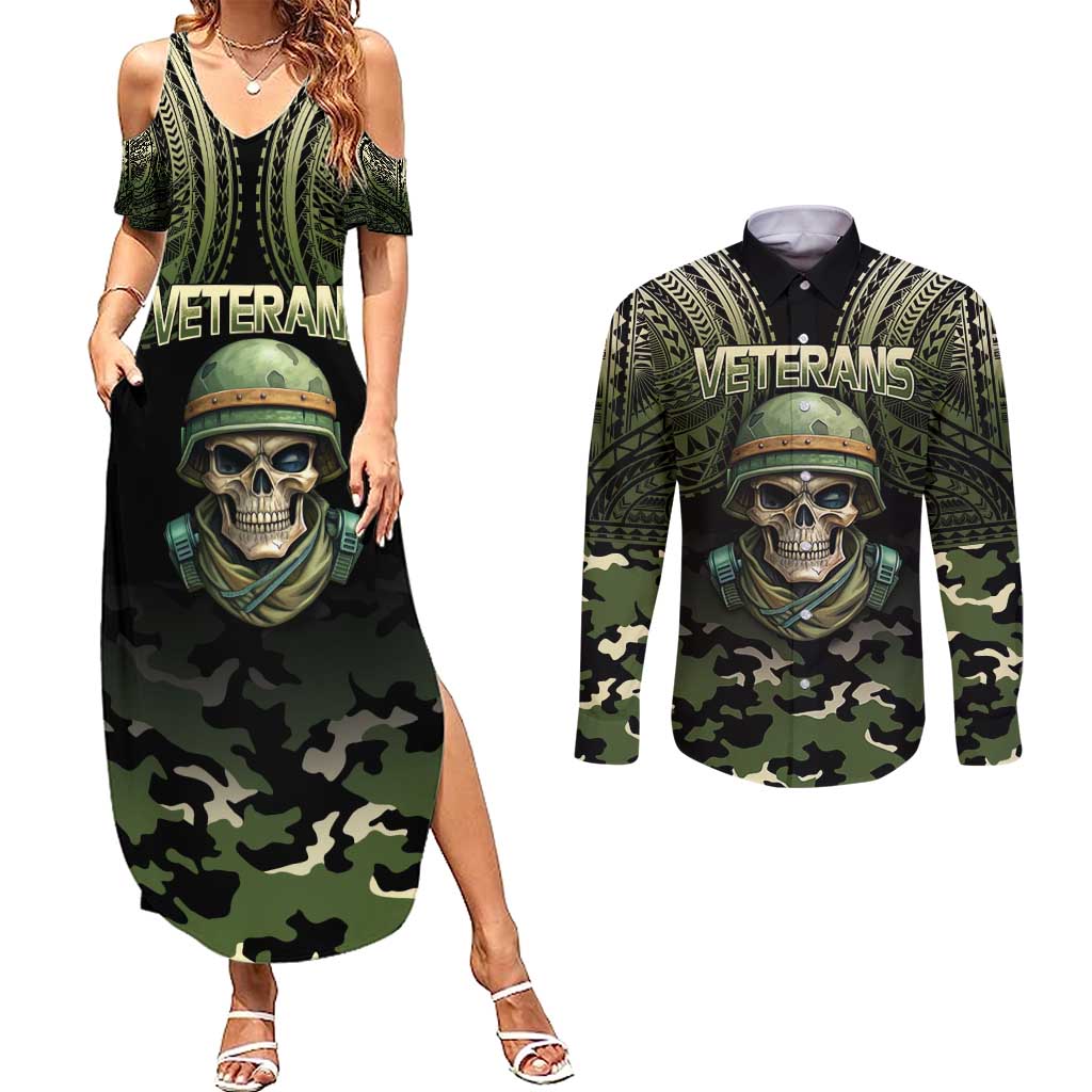 Veterans Day Couples Matching Summer Maxi Dress and Long Sleeve Button Shirt War Never Leaves A Veteran Proud Military LT9 Black - Polynesian Pride
