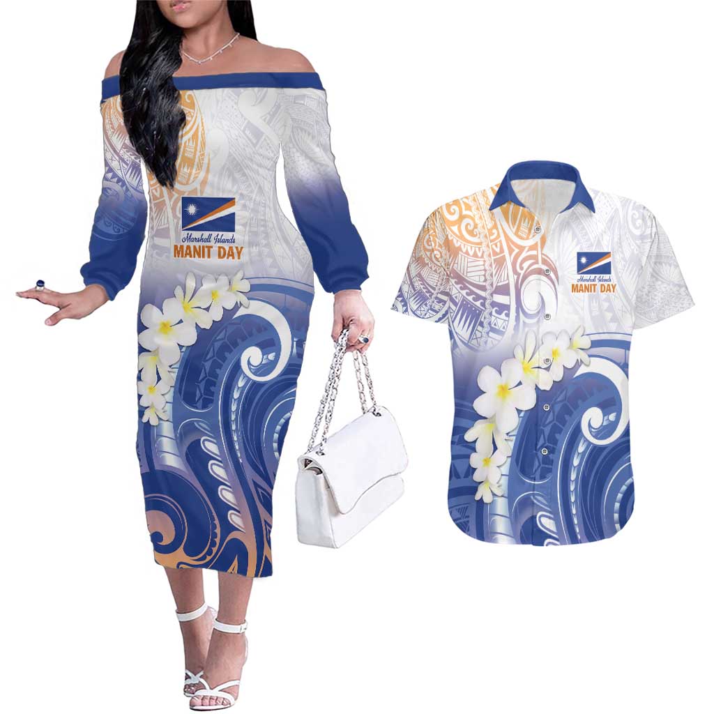 Marshall Islands Manit Day Couples Matching Off The Shoulder Long Sleeve Dress and Hawaiian Shirt Plumeria and Polynesian Tribal