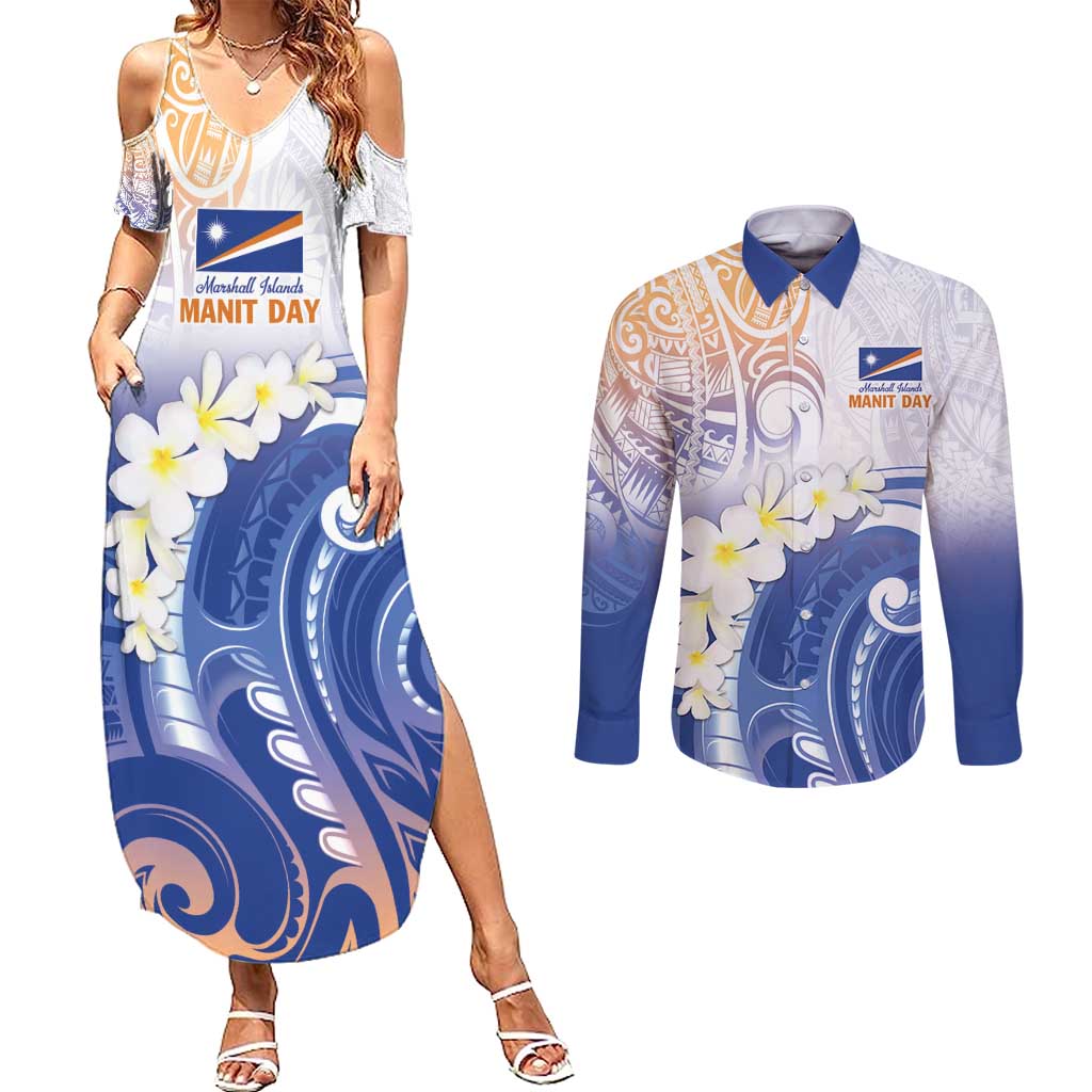 Marshall Islands Manit Day Couples Matching Summer Maxi Dress and Long Sleeve Button Shirt Plumeria and Polynesian Tribal