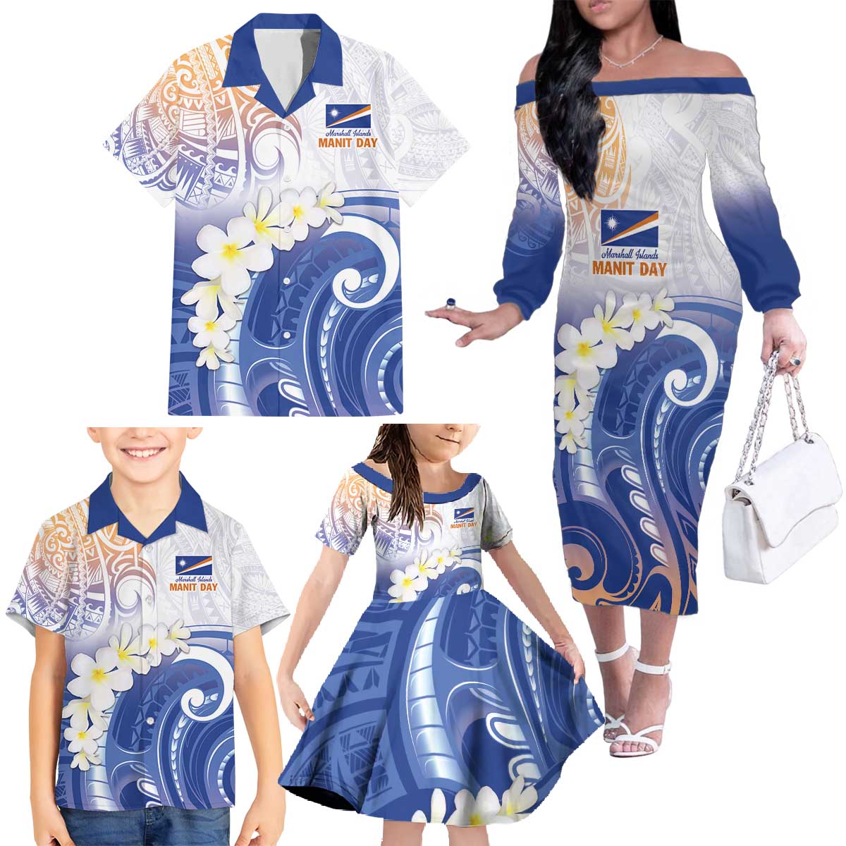 Marshall Islands Manit Day Family Matching Off The Shoulder Long Sleeve Dress and Hawaiian Shirt Plumeria and Polynesian Tribal