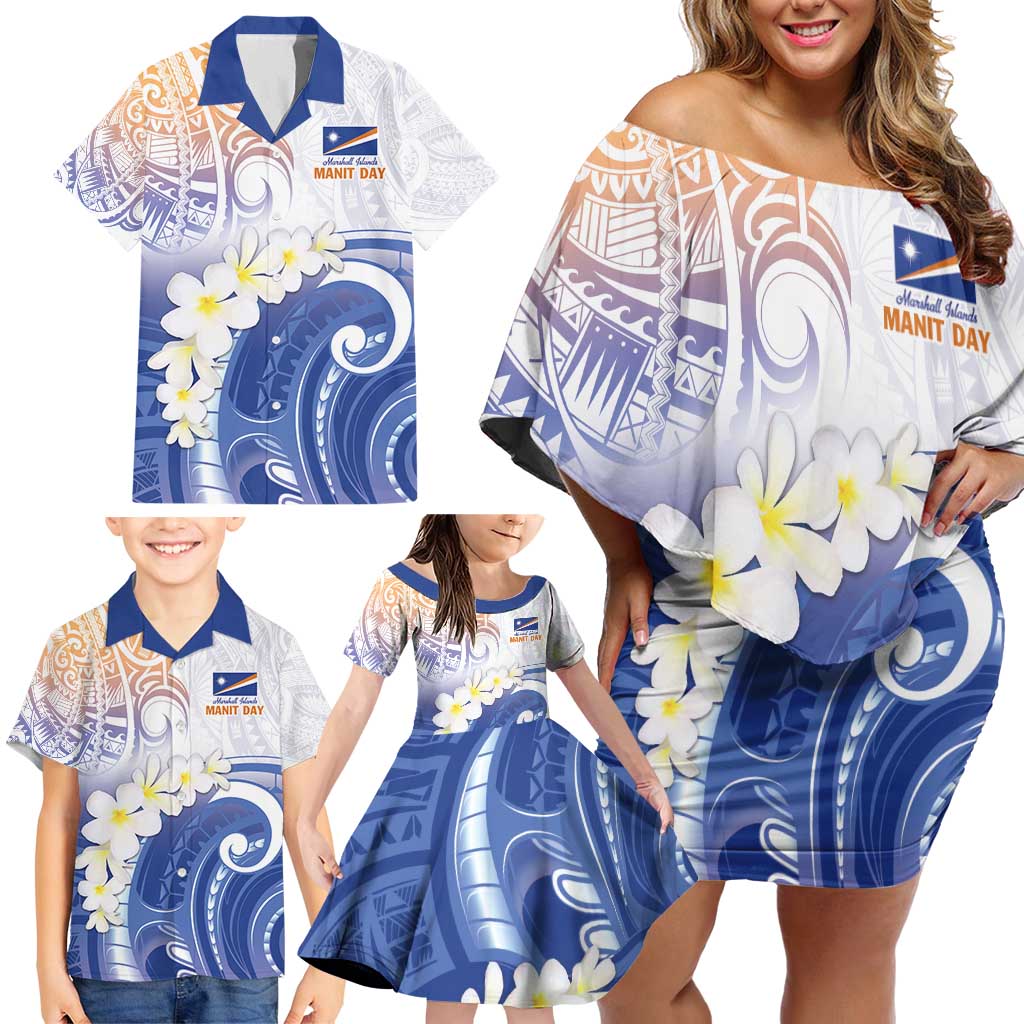 Marshall Islands Manit Day Family Matching Off Shoulder Short Dress and Hawaiian Shirt Plumeria and Polynesian Tribal