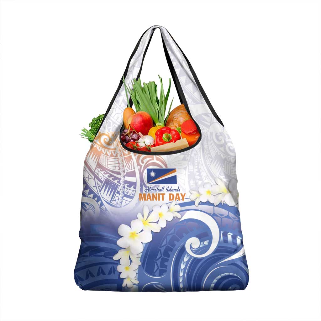 Marshall Islands Manit Day Grocery Bag Plumeria and Polynesian Tribal