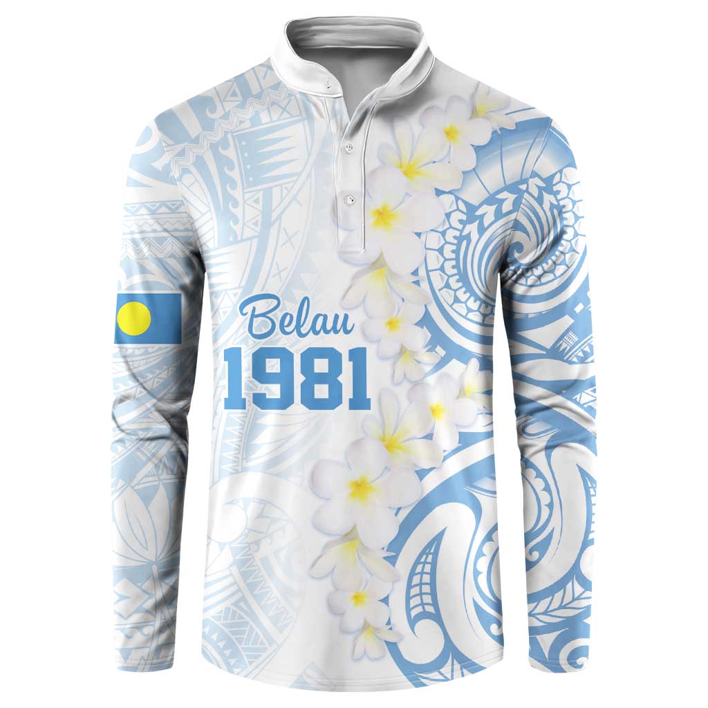 Palau 1981 Tribal Tattoo Button Sweatshirt with Belau Plumeria Flowers