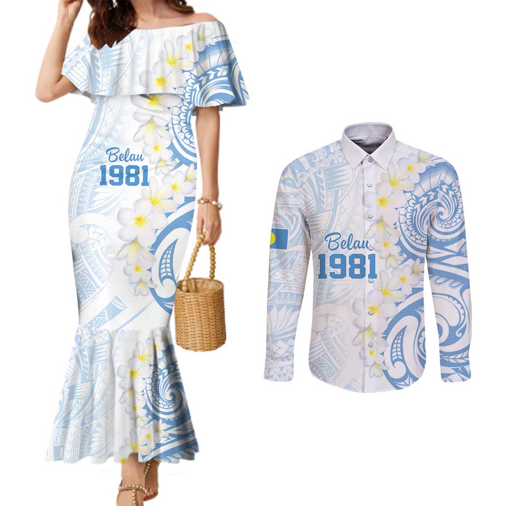 Palau 1981 Tribal Tattoo Couples Matching Mermaid Dress and Long Sleeve Button Shirt with Belau Plumeria Flowers