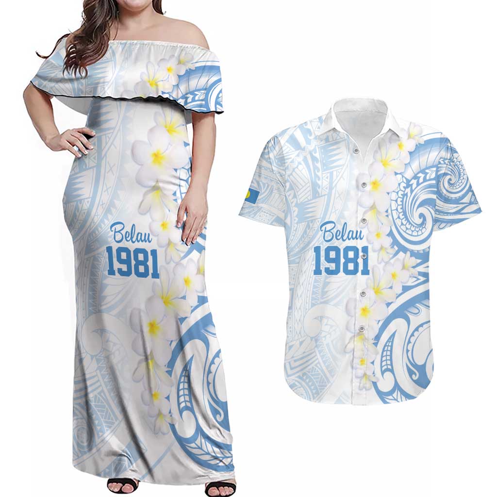 Palau 1981 Tribal Tattoo Couples Matching Off Shoulder Maxi Dress and Hawaiian Shirt with Belau Plumeria Flowers