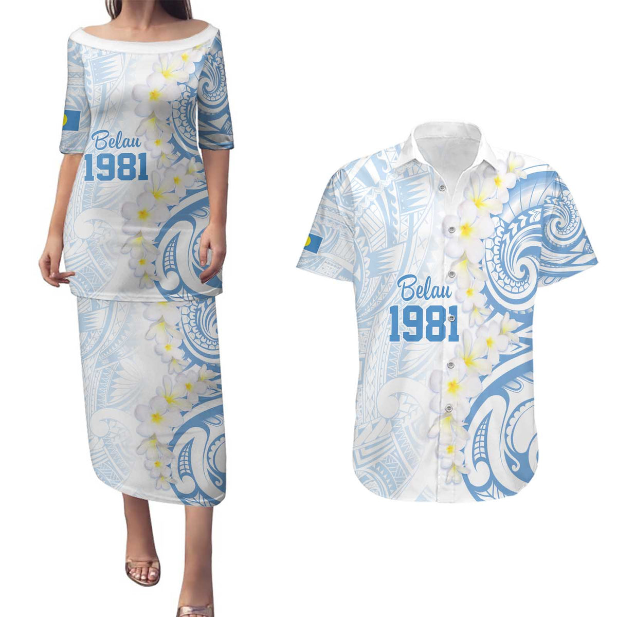 Palau 1981 Tribal Tattoo Couples Matching Puletasi and Hawaiian Shirt with Belau Plumeria Flowers