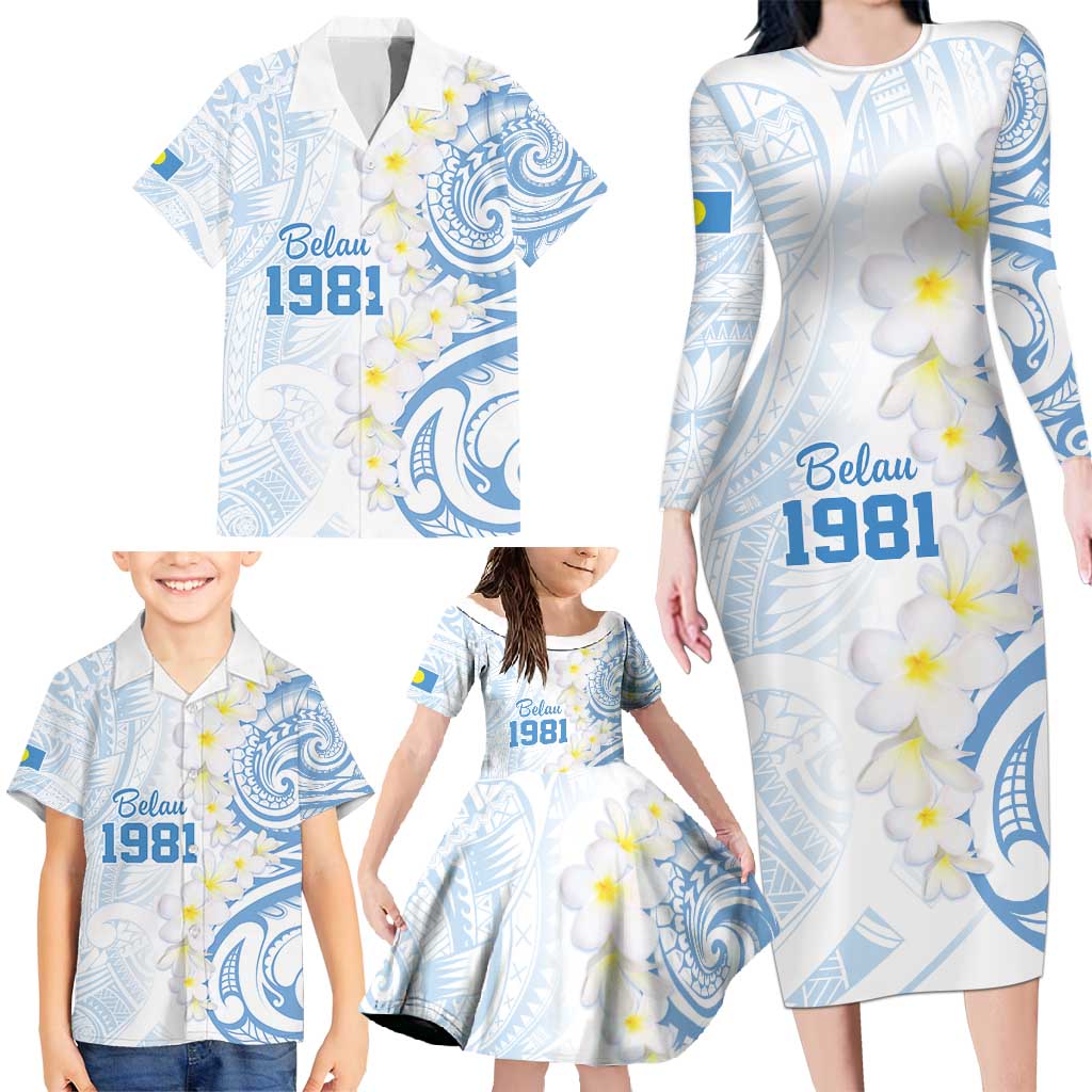 Palau 1981 Tribal Tattoo Family Matching Long Sleeve Bodycon Dress and Hawaiian Shirt with Belau Plumeria Flowers