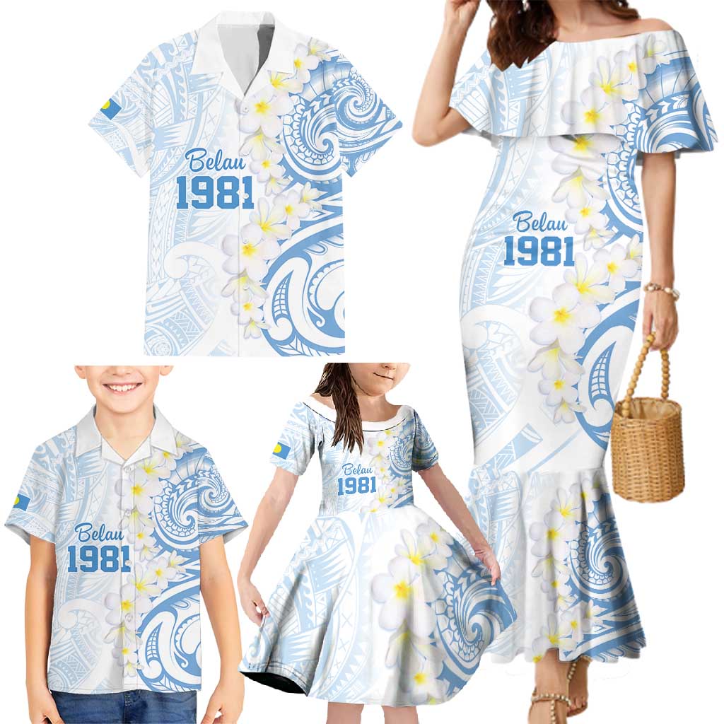 Palau 1981 Tribal Tattoo Family Matching Mermaid Dress and Hawaiian Shirt with Belau Plumeria Flowers