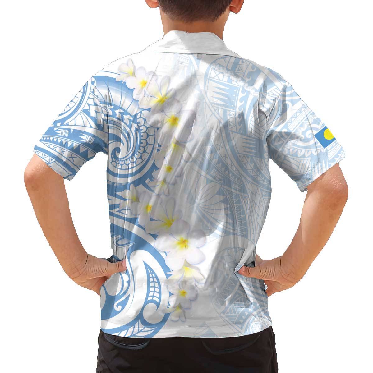 Palau 1981 Tribal Tattoo Family Matching Off The Shoulder Long Sleeve Dress and Hawaiian Shirt with Belau Plumeria Flowers