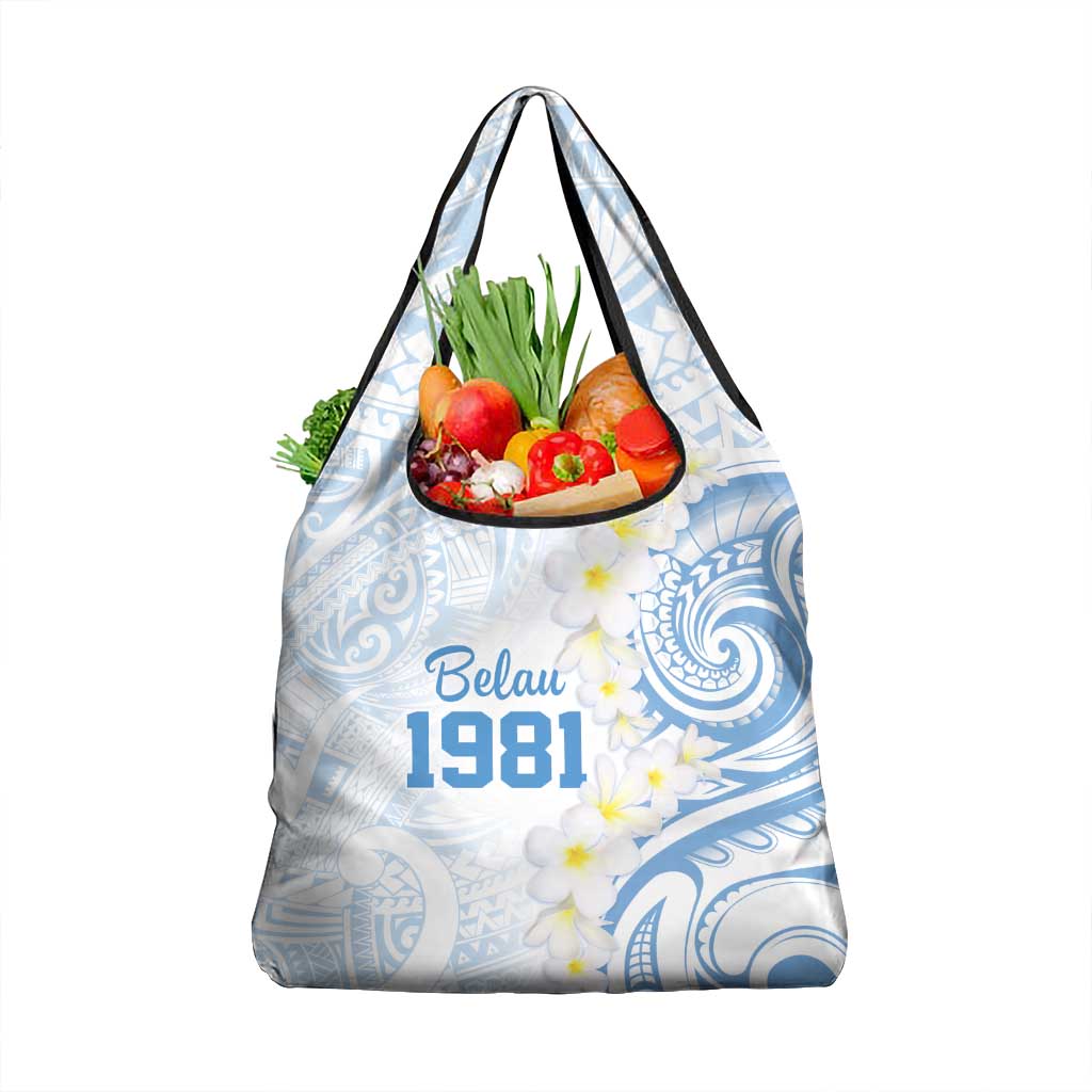 Palau 1981 Tribal Tattoo Grocery Bag with Belau Plumeria Flowers