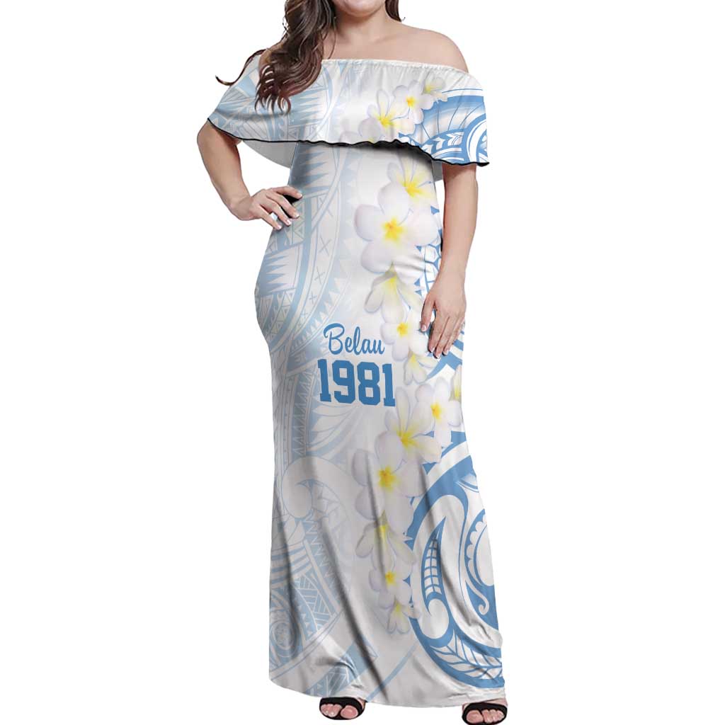 Palau 1981 Tribal Tattoo Off Shoulder Maxi Dress with Belau Plumeria Flowers