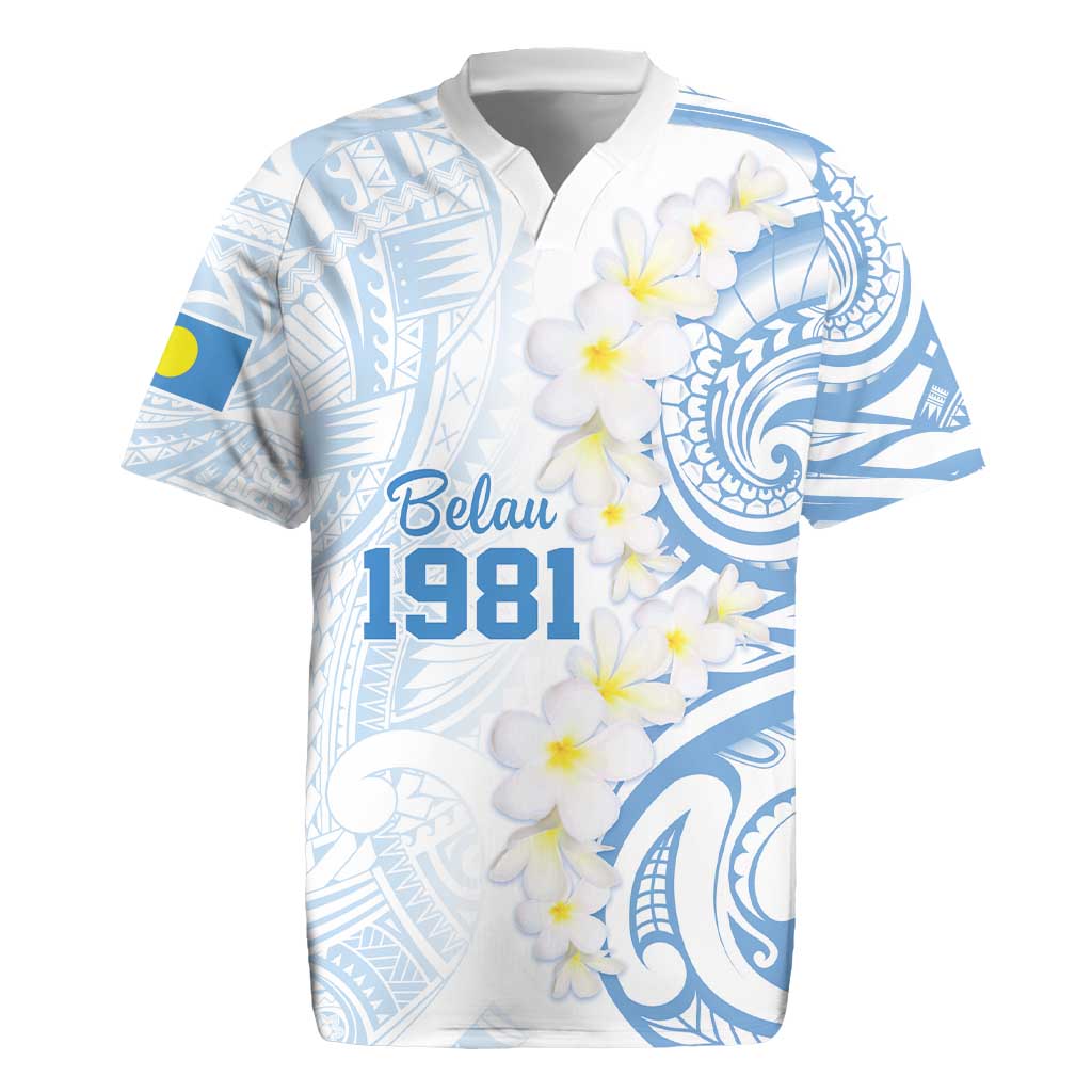 Palau 1981 Tribal Tattoo Rugby Jersey with Belau Plumeria Flowers