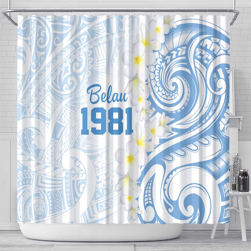 Palau 1981 Tribal Tattoo Shower Curtain with Belau Plumeria Flowers
