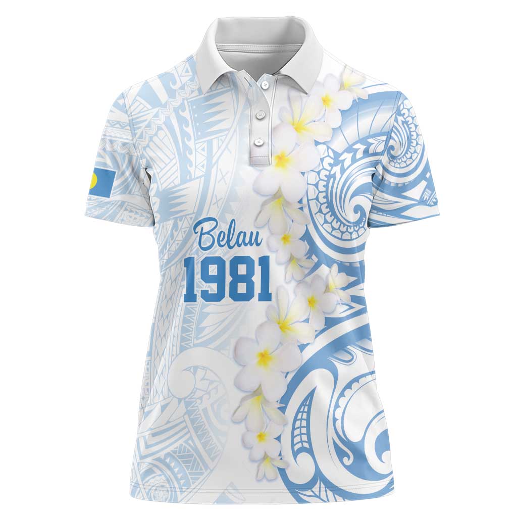 Palau 1981 Tribal Tattoo Women Polo Shirt with Belau Plumeria Flowers