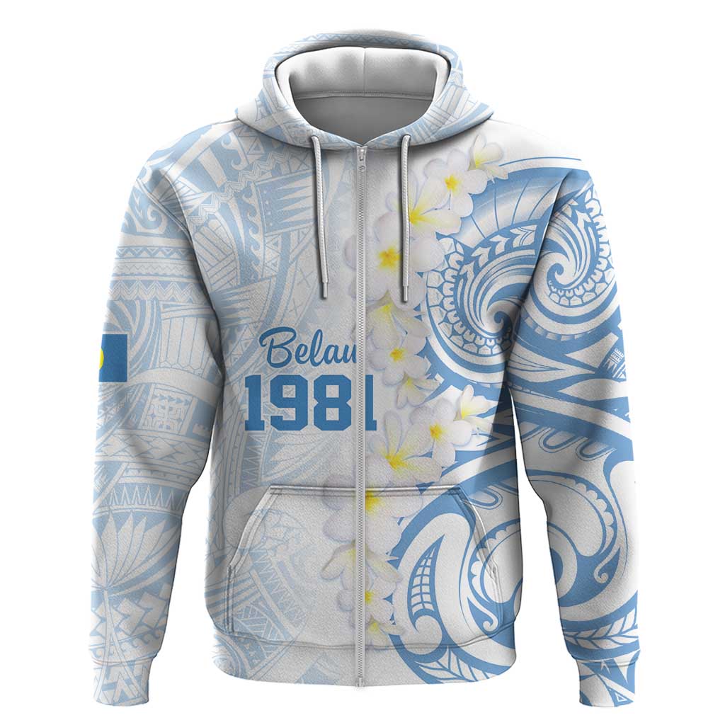 Palau 1981 Tribal Tattoo Zip Hoodie with Belau Plumeria Flowers