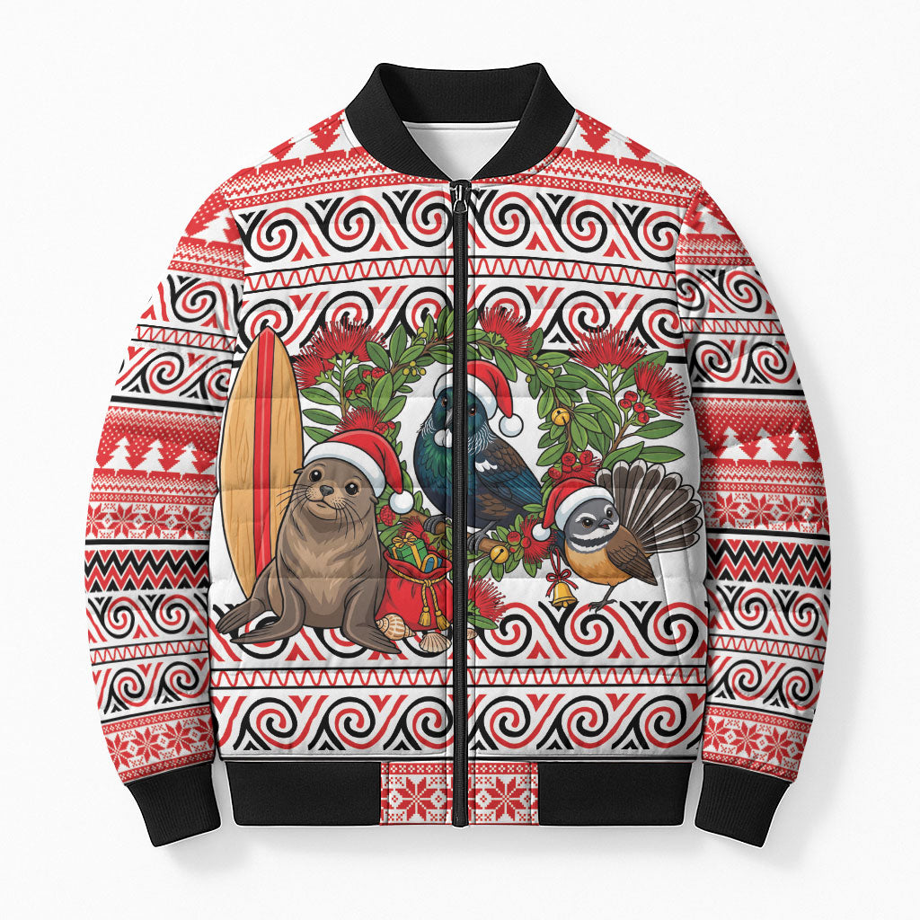 New Zealand Animal Christmas Bomber Puffer Jacket Maori Inspired Kowhaiwhai Patterns LT9 Unisex Red - Polynesian Pride