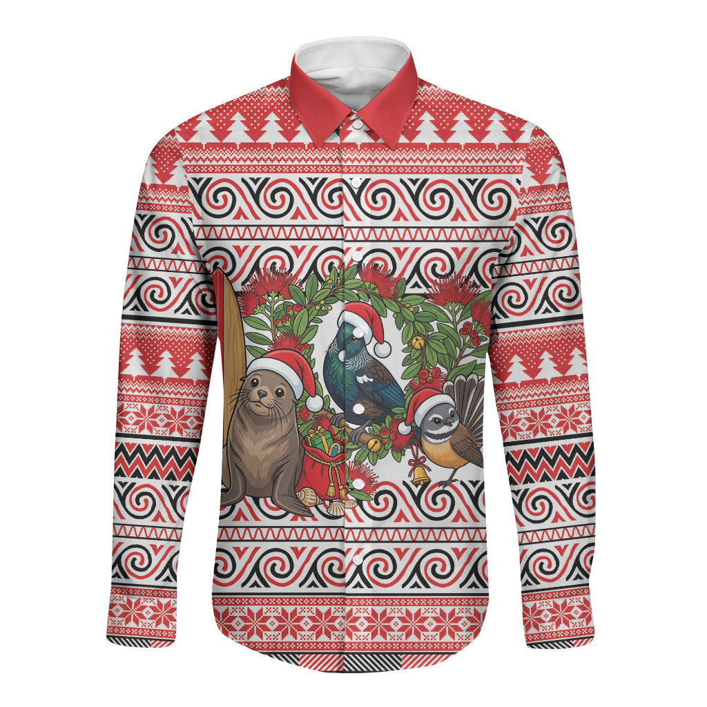 New Zealand Animal Christmas Long Sleeve Button Shirt Maori Inspired Kowhaiwhai Patterns LT9 Unisex Red - Polynesian Pride