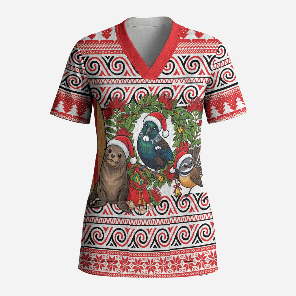 New Zealand Animal Christmas Scrub Top Maori Inspired Kowhaiwhai Patterns LT9 Adult Red - Polynesian Pride