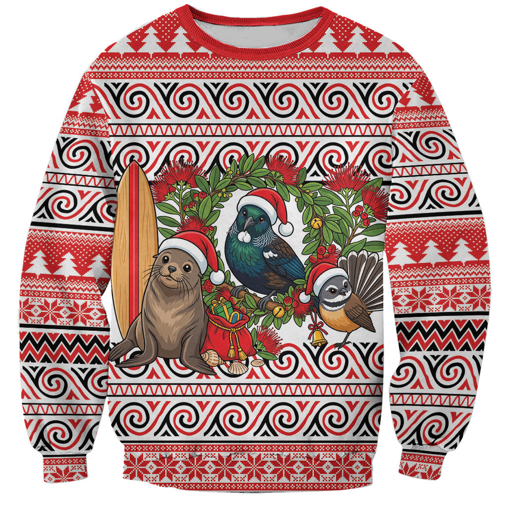 New Zealand Animal Christmas Sweatshirt Maori Inspired Kowhaiwhai Patterns LT9 Unisex Red - Polynesian Pride