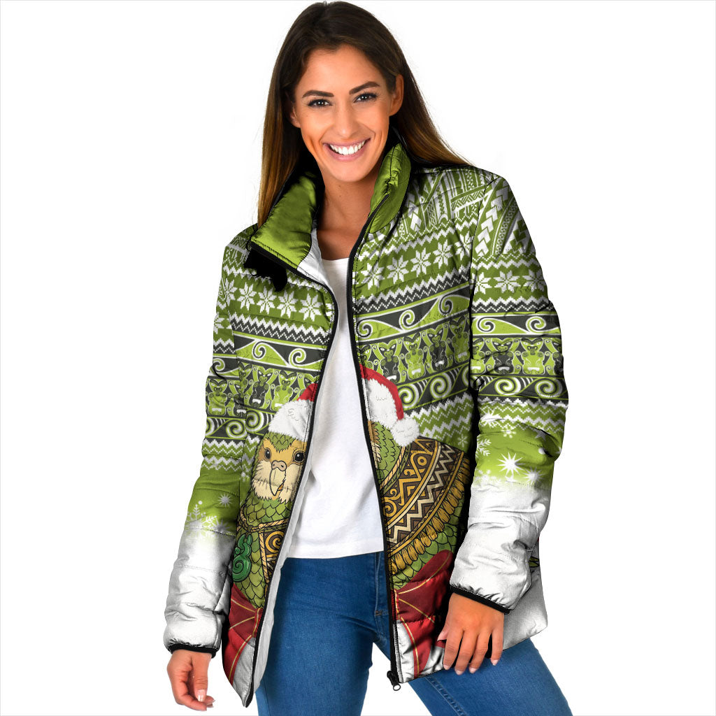 New Zealand Kakapo Christmas Padded Jacket Maori Inspired Knitted Patterns LT9 Women Green - Polynesian Pride