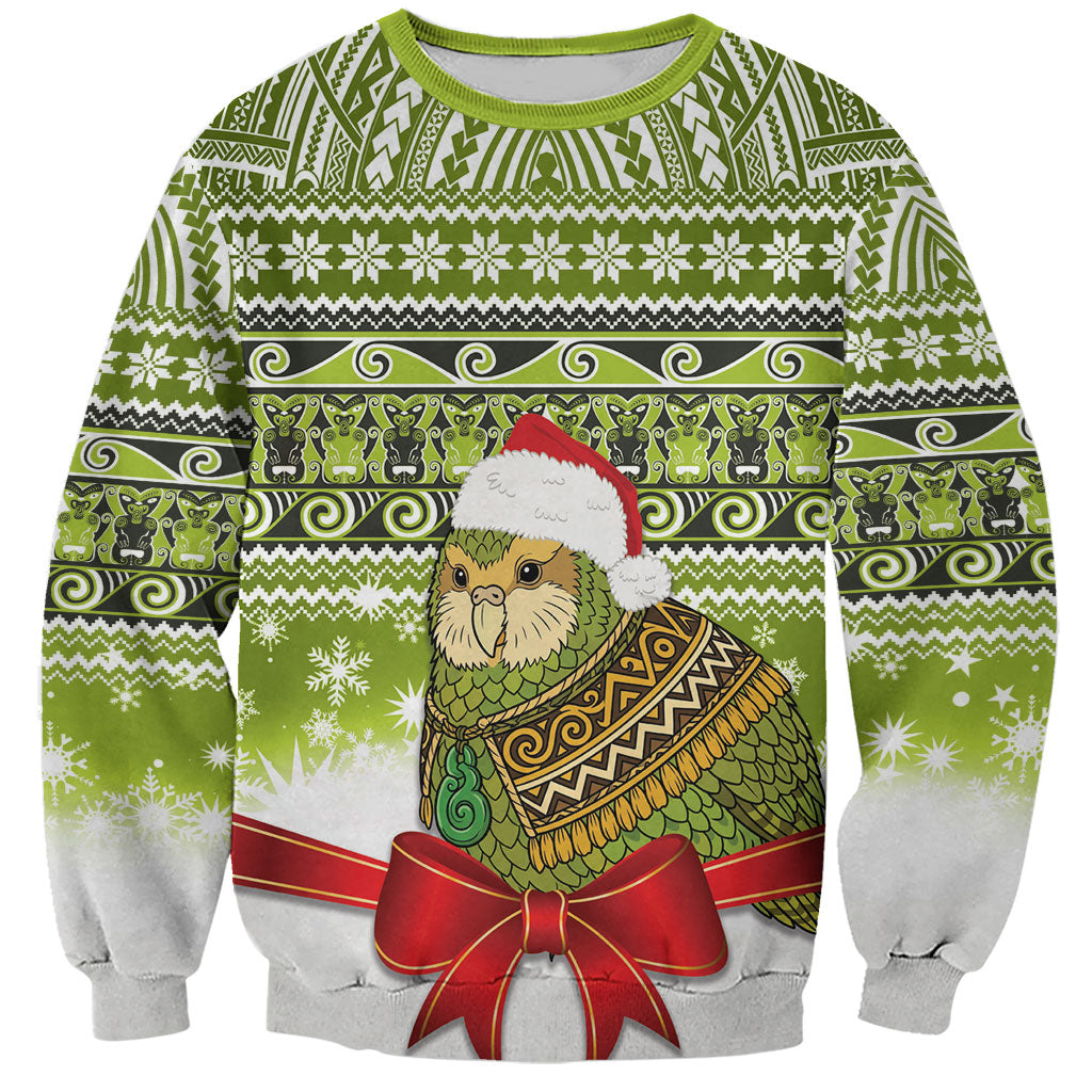 New Zealand Kakapo Christmas Sweatshirt Maori Inspired Knitted Patterns LT9 Unisex Green - Polynesian Pride