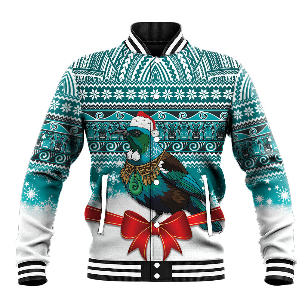 New Zealand Tui Bird Christmas Baseball Jacket Maori Inspired Knitted Patterns LT9 Unisex Turquoise - Polynesian Pride