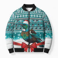 New Zealand Tui Bird Christmas Bomber Puffer Jacket Maori Inspired Knitted Patterns LT9 Unisex Turquoise - Polynesian Pride