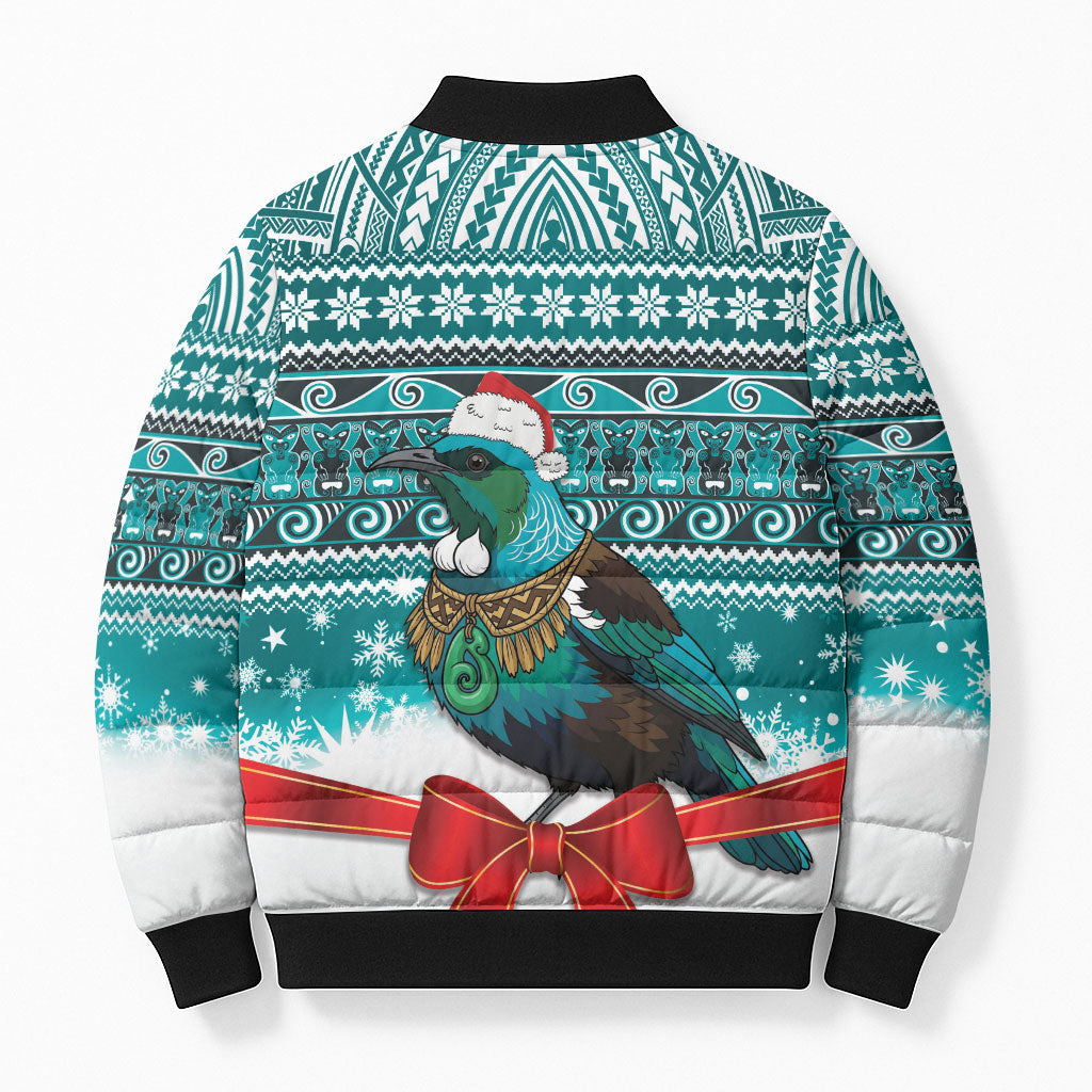 New Zealand Tui Bird Christmas Bomber Puffer Jacket Maori Inspired Knitted Patterns LT9 - Polynesian Pride
