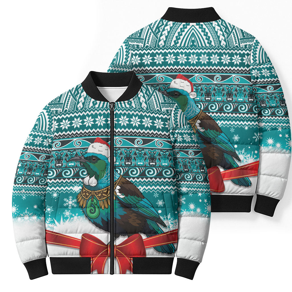 New Zealand Tui Bird Christmas Bomber Puffer Jacket Maori Inspired Knitted Patterns LT9 - Polynesian Pride