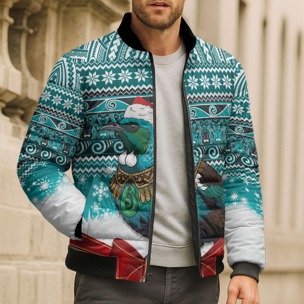 New Zealand Tui Bird Christmas Bomber Puffer Jacket Maori Inspired Knitted Patterns LT9 - Polynesian Pride