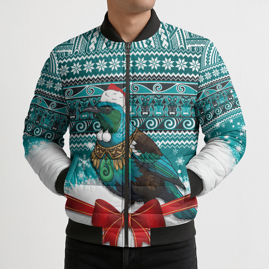 New Zealand Tui Bird Christmas Bomber Puffer Jacket Maori Inspired Knitted Patterns LT9 - Polynesian Pride