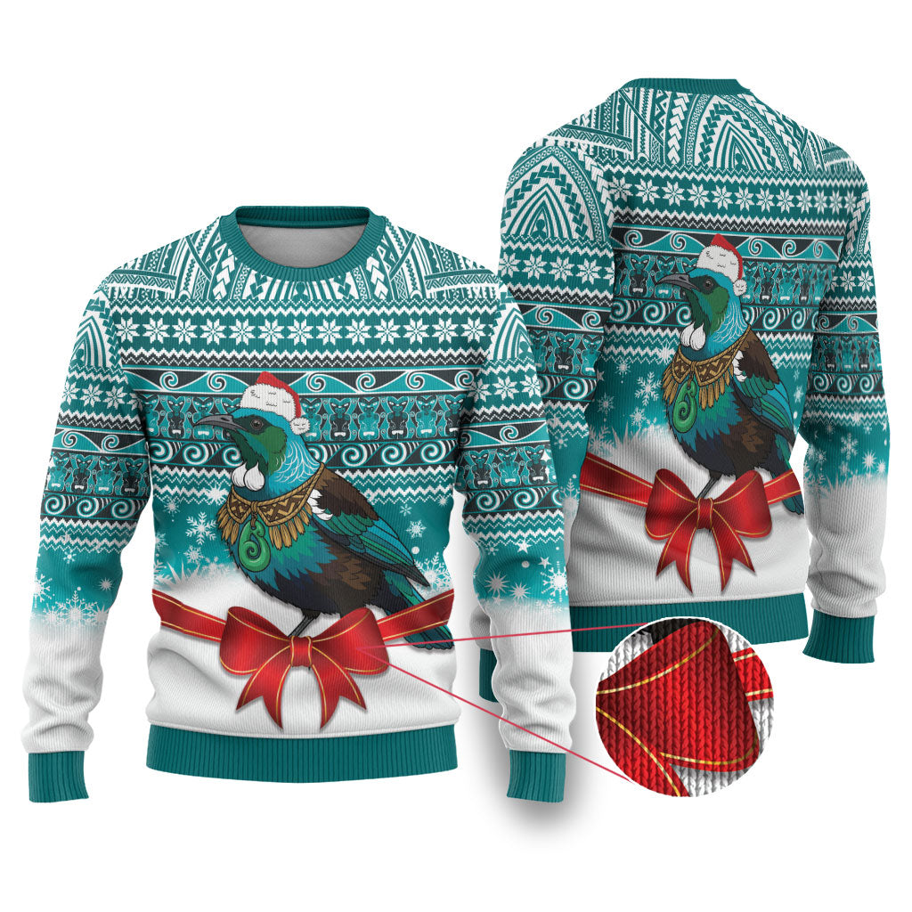 New Zealand Tui Bird Christmas Ugly Christmas Sweater Maori Inspired Knitted Patterns LT9 Turquoise - Polynesian Pride