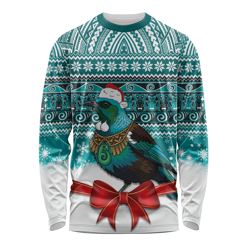 New Zealand Tui Bird Christmas Long Sleeve Shirt Maori Inspired Knitted Patterns LT9 Unisex Turquoise - Polynesian Pride